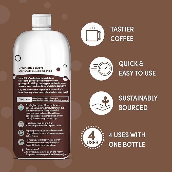 Lemi Shine Coffee Machine Descaler With Powerful Citric Acid | Coffee Maker Cleaning Supplies | Universal Cleaner Works For Nespresso, Keurig, Breville, & More, 4 Uses - 15 oz. Bottle