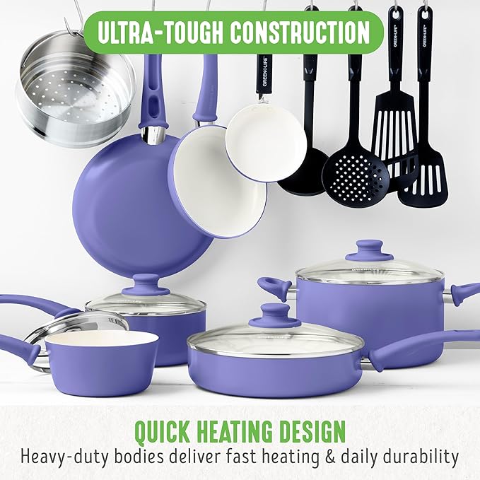GreenLife 16 Piece Nonstick Cookware Set, Soft Grip Non-Toxic PFAS-Free Ceramic Pots & Pans, Dishwasher & Oven Safe, Frying, Sauce, Utensils, Glass Lids, Stay-Cool Handles, Wobble Free, Periwinkle