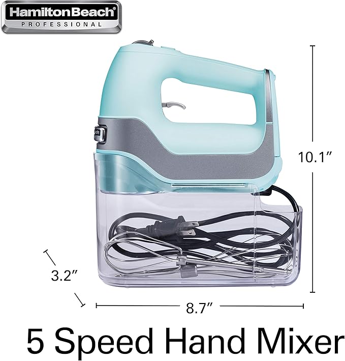 Hamilton Beach Professional 5-Speed Electric Hand Mixer with Snap-On Storage Case, QuickBurst, Stainless Steel Twisted Wire Beaters and Whisk, Mint (62658)
