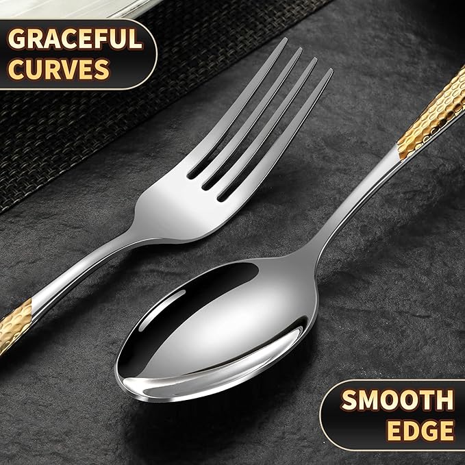 Lemeya 40-Piece Hammered Silver Gold Silverware Set for 8 with Serrated Forging Knives,18/10 Stainless Steel Modern Flatware Set,Unique Cutlery Set Spoons and Forks Set,Mirror Polished,Dishwasher Safe