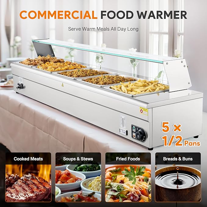 WILPREP 5-Pan Commercial Food Warmer with Sneeze Guard, Five 1/2 Pans, 1500W Countertop Electric Steam Table, 86-185°F Adjustable Temp Control, Stainless Steel Buffet Bain Marie
