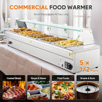 WILPREP 5-Pan Commercial Food Warmer with Sneeze Guard, Five 1/2 Pans, 1500W Countertop Electric Steam Table, 86-185°F Adjustable Temp Control, Stainless Steel Buffet Bain Marie