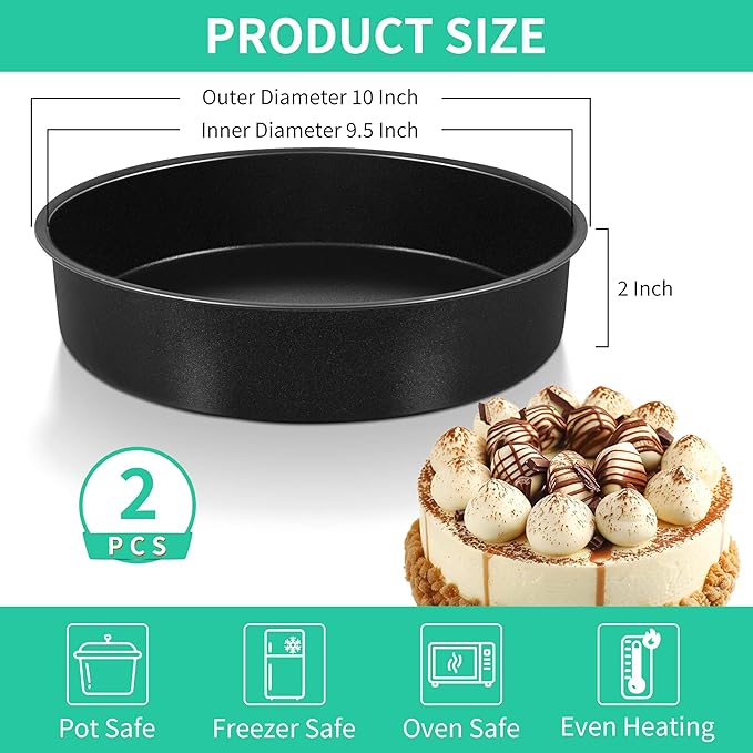 P&P CHEF Non-stick Cake Pan Set of 2, 9.5 Inch Round Baking Cake Pans Tins for Tier Smash Cakes, Non-Toxic & Solid, Stainless Steel Core & Leak-Proof, 2Pcs