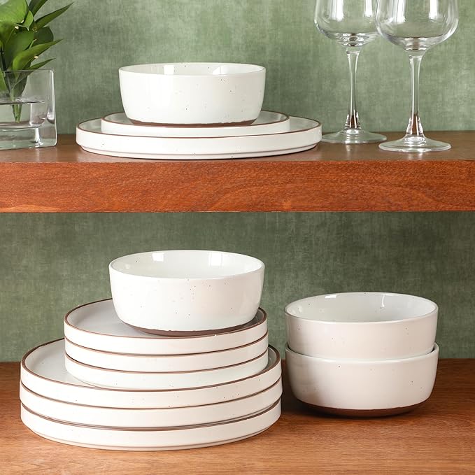 Gibson Elite Northrock Stoneware Dinnerware Set, 16-Piece Service for 4 Plates and Bowls Set – White Dishes with Hand-Painted Terracotta Base