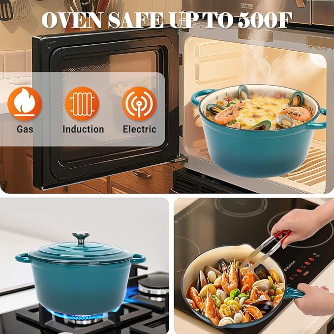Ceramic Coated Cast Iron Cookware Set, 7-Piece Enameled Dutch Oven and Skillet Set with Lids, Nonstick Pots and Pans Set for Bread Baking, Oven Safe, Induction Compatible, PFAS-Free (Light Cyan)