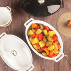 10" x 7" Ceramic Oval Casserole Dish with Glass Lid, 30 Ounce White Serving Soup Tureen,Chafing Dish for Buffet, Family Food preserve Tray, Catering Casserole for Party Style