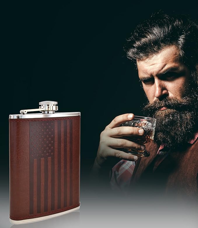 Leather American Flag Hip Flask - Leak Proof Food Grade Stainless Steel for Whiskey or Bourbon Liquor | Bonus Funnel (USA 8 Ounce Flask, Brown Leather Wrap)