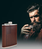 Leather American Flag Hip Flask - Leak Proof Food Grade Stainless Steel for Whiskey or Bourbon Liquor | Bonus Funnel (USA 8 Ounce Flask, Brown Leather Wrap)