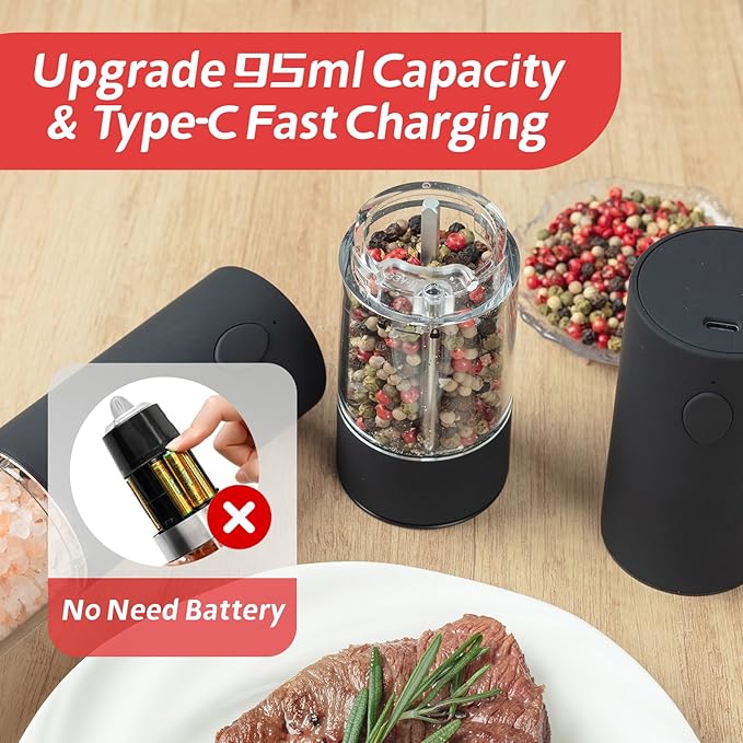 Electric Salt & Pepper Grinder Set (2 Pack) – USB Rechargeable, Adjustable Coarseness, One-Handed Operation with LED Light – Automatic Spice Mill Shaker for Kitchen, Dining, or Camping