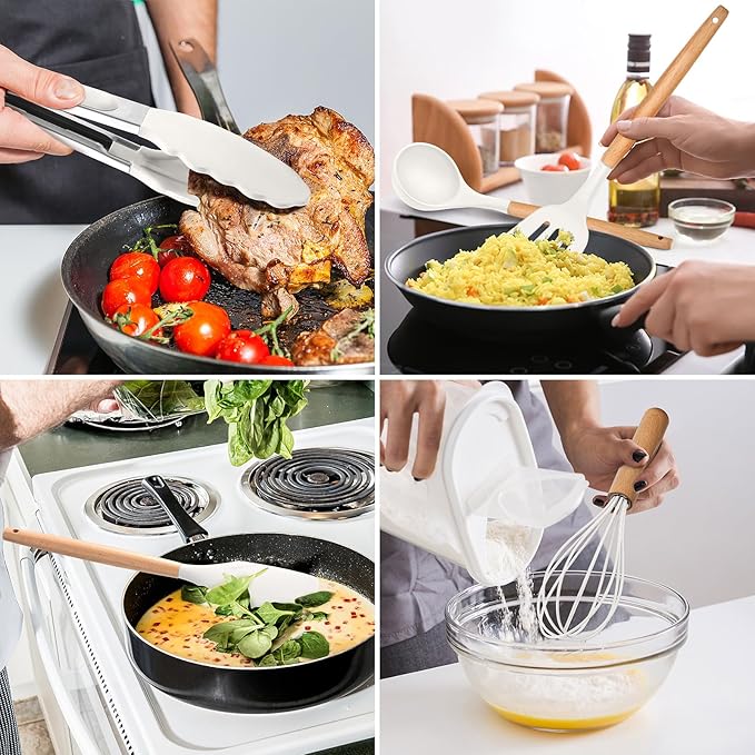 E-far Kitchen Utensils Set of 12, Silicone Cooking Utensils with Holder, Non-stick Cookware Friendly & Heat Resistant, Includes Spatula Tong Whisk Ladle Brush Slotted Turner Spoon (White)