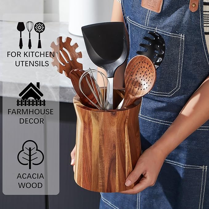 Wooden Utensil Holder for Countertop, 360° Rotating Kitchen Utensil Holder, 7.2"x 6" Large Acacia Wood Crock, Farmhouse Kitchen Decor