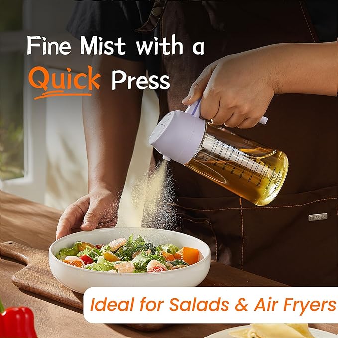TrendPlain 16oz/470ml Glass Olive Oil Sprayer for Cooking - 2 in 1 Olive Oil Dispenser for Kitchen Gadgets, Air Fryer, Salad, and BBQ - Periwinkle