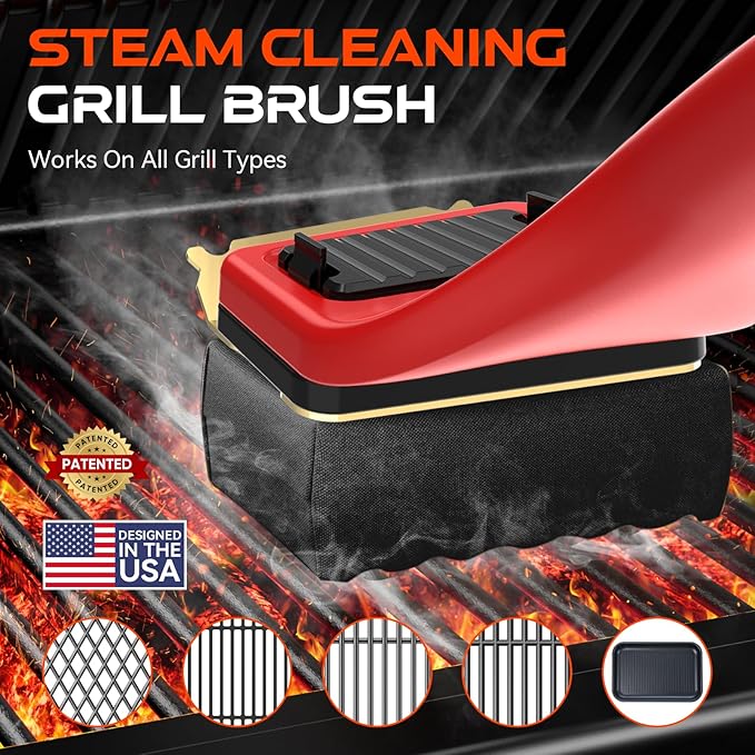 Grill Brush Bristle-Free Steam Cleaning, BBQ Brush Replaceable Heat-Resistant Kevlar Head with Grill Scraper Safe Barbecue Grill Cleaner-Red