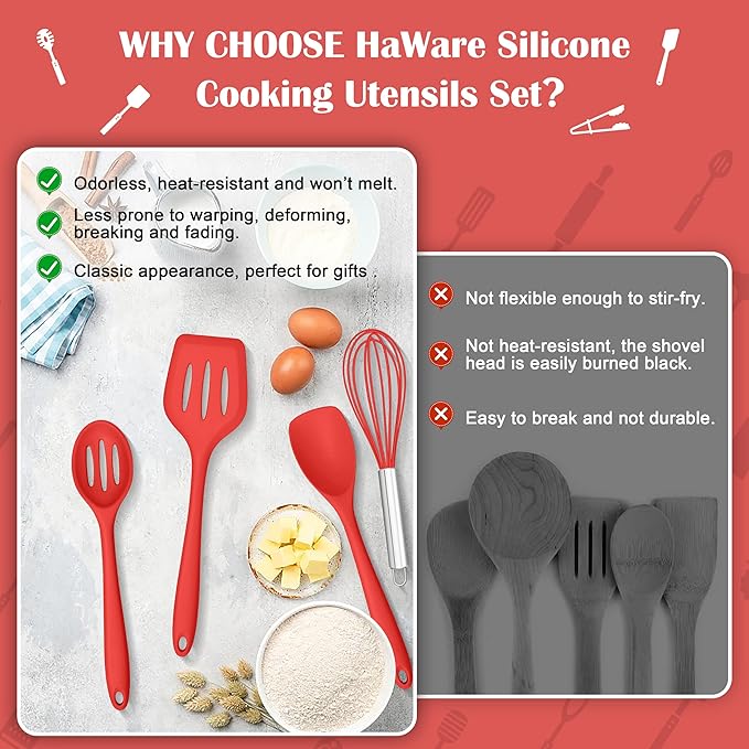 HaWare Kitchen Utensils, 14 PCS Silicone Cooking Utensils Set, Heat Resistant Kitchen Utensils for Non-stick Cookware, Kitchen Gadgets Tools with Spoons, Spatulas, Whisk, Dishwasher Safe (Red)