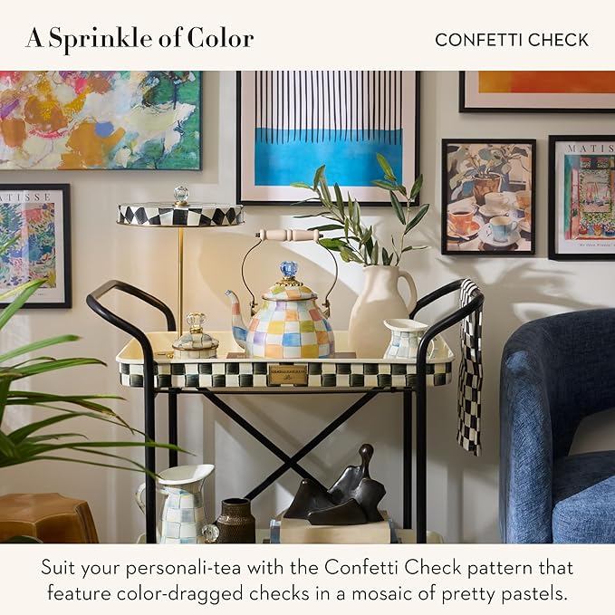 MACKENZIE-CHILDS Enamel Tea Kettle, Cute Tea Kettle for Stovetop, 2 Quarts, Confetti Check