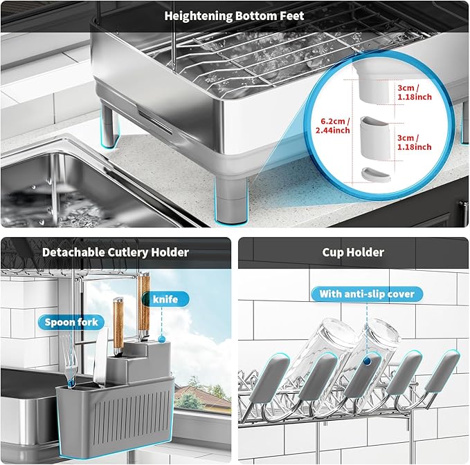 Dish Drying Rack, 2 Tier Large Dish Rack, Stainless Steel Dish Drainer for Kitchen Counter, Dishes Rack with Automatic Drainage, Utensil Holder&Cups Holder,Space Saving Kitchen Organizer,Gray