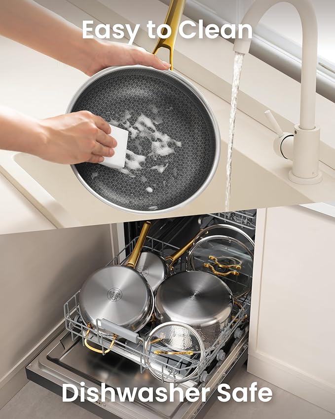 Gold Pots and Pans Set, Hybrid Hammered Stainless Steel, 10PC Nonstick Kitchen Cookware Sets w/Frying pan, Non Toxic, Oven Safe & Compatible with All Stovetops, Holiday Cooking Gift for Him or Her