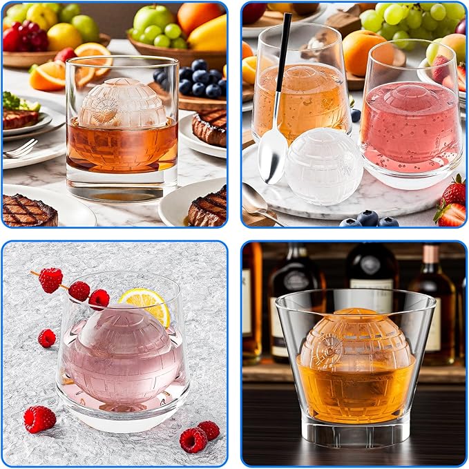 6 Chamber 2.34" 3D Death Star Ball Ice Cube Tray With Funnel,Large Round Ice Ball Molds Silicone Fun Shapes Whiskey Circle Ice Tray,For Chilling Whiskey,Cocktails,Bourbon,Brandy and Beverages