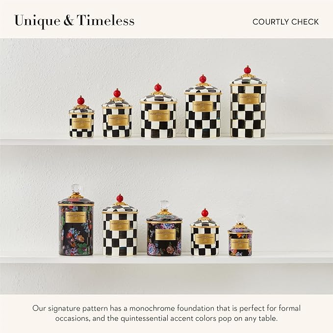MACKENZIE-CHILDS Courtly Check Enamel Canister, Black-and-White Kitchen Storage Container with Lid, Mini
