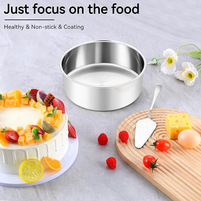 Leonyo 6 Inch Cake Pans, Stainless Steel Round Cake Baking Pans Set of 2, 6” x 3” Deep Baking Tins for Even Heating, Non Toxic & Healthy, Heavy-Duty, Dishwasher Safe