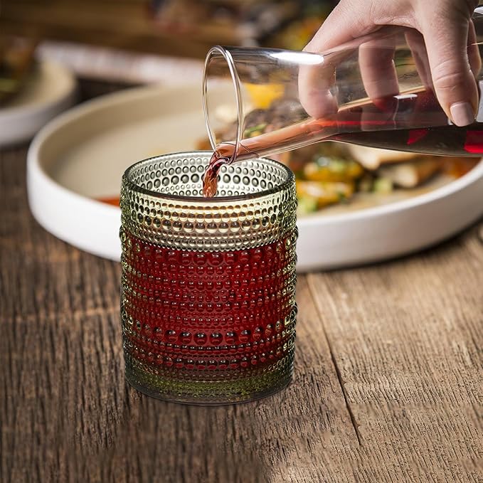 XKXKKE Hobnail Beaded Drinking Glasses Set of 6, 12 oz Vintage Glassware Set Romantic Water Glasses Tumbler, Water Cups, Clear Embossed Glassware Set for Beer, Juice, Cocktail, Soda, Beverages Green