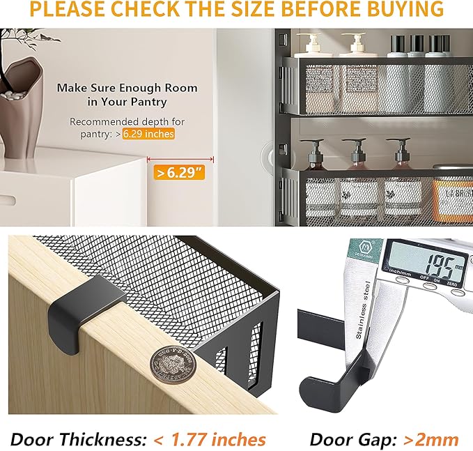 8-Tier Over The Door Pantry Organizer with Mesh Baskets, Adjustable & Stable Hanging Spice Rack for Kitchen, Bathroom, Bedroom, and Baby Essentials Storage (16" W 8-Tiers, Black)