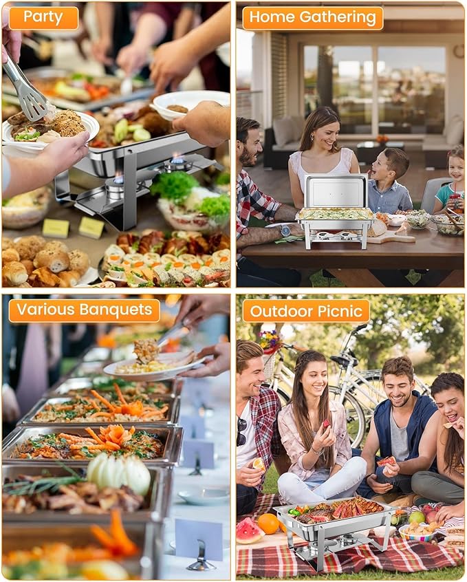 GarveeHome Chafing Dish Buffet Set 6 Pack, 8 QT Food Servers and Warmers Stainless Steel Chafer with Water Pan for Weddings, Parties, Banquets, and Catering