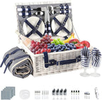 Picnic Basket Set for 4 with Waterproof Blanket Mat Insulation Bag Wicker White Navy Blue Stripe Classic Elegant Gift for Wedding Birthday Summer Camp Outdoor Camping Beach Travel Christmas