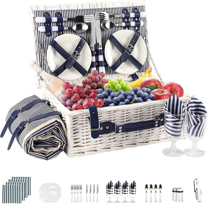 Picnic Basket Set for 4 with Waterproof Blanket Mat Insulation Bag Wicker White Navy Blue Stripe Classic Elegant Gift for Wedding Birthday Summer Camp Outdoor Camping Beach Travel Christmas