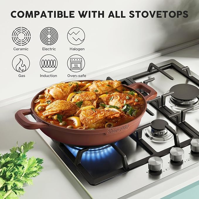 Non-Stick Frying Pan/Skillet 11", 3QT Tagine Pan,Cast Aluminum Pans with Lid, Stove/Oven-to-Table Cookware, Dishwasher Safe& Compatible with All Stovetops（Terracotta）