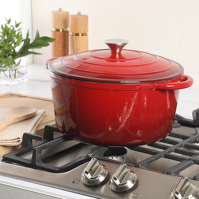 Gibson Home Addlestone 7 Qt Enameled Cast Iron Dutch Oven Pot with Lid – Round, Oven Safe to 500°F, Ideal for Bread Baking & Stews - Gradient Red