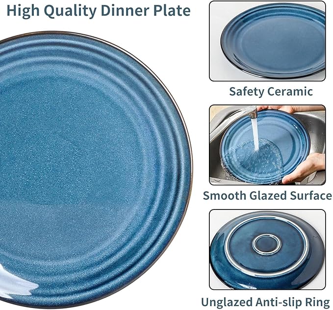 glowworm 10 Inch Ceramic Dinner Plates Set of 4, Salad Plates for Steak, Pasta, Microwave, Oven & Dishwasher Safe, Scratch Resistant, Navy Blue