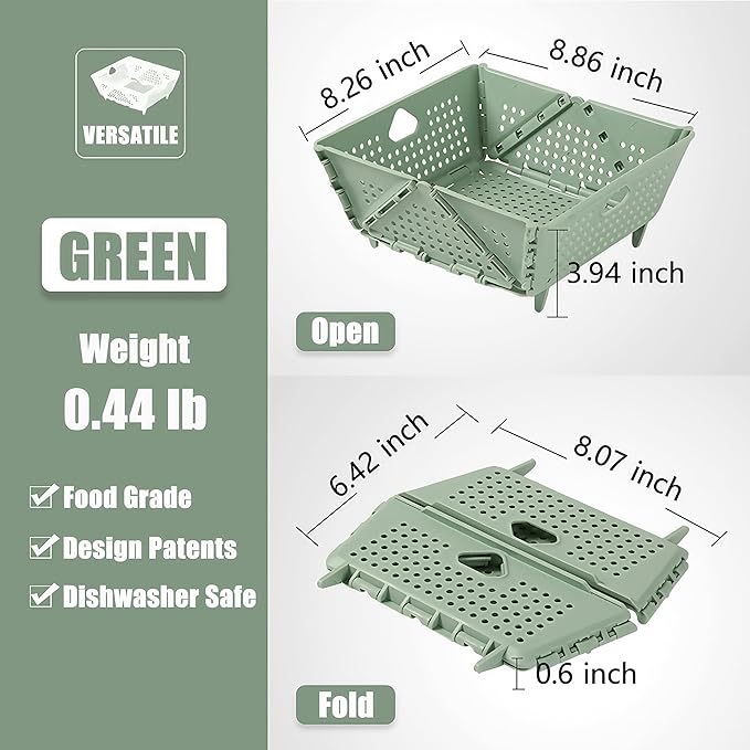 Collapsible Strainers and Colanders for Kitchen, Foldable Plastic Storage Drain Basket for Pasta, Fruit, Vegetables, Berry Space-Saving, BPA-Free, Dishwasher Safe (Green)