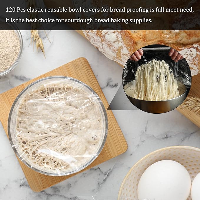 120PCS Reusable Bowl Covers for Bread Proofing, Elastic Plastic Covers for Sourdough Rising and Baking Supplies, Stretchable Wrap for Storage Containers