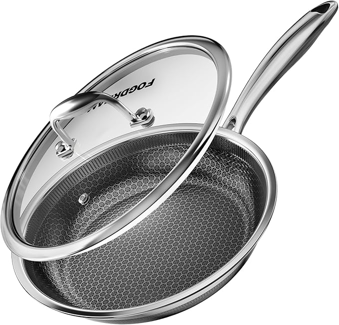 Fogdream 12” Stainless Steel Pan, Non Stick Frying Skillet with Lid, Tri-Ply Stainless Steel for All Cooktops, Dishwasher and Oven-Safe Cooking Pan, Stay-Cool Handle, Silver