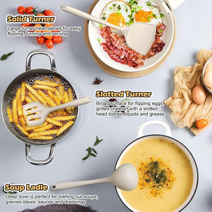 15-Piece Kitchen Cooking Utensils Set with Holder, Homikit Heat Resistant Food Grade Silicone Kitchen Utensils include Slotted Spatula Ladle Turner for Nonstick Cookware, Dishwasher Safe- Khaki