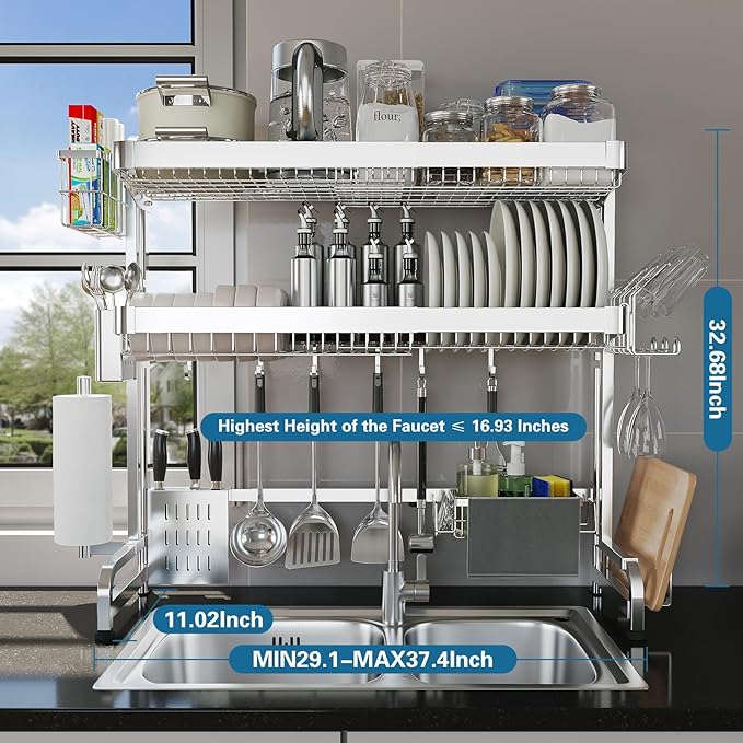 Over The Sink Dish Drying Rack,3 Tier Adjustable Length Full Stainless Steel Large Storage Kitchen Dish Rack,for Kitchen Counter Expandable Multifunctional Organizers,Silver (25.5'' to 37.6'')