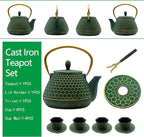 YJX Cast Iron Teapot and Tea Cups Set, 33.8oz Hexagon Pattern Tea Set with Cups and Cup Mats, Enameled Tea Kettle for Stovetop, Durable Tea Pot Set with Stainless Steel Infuser for Loose Leaf