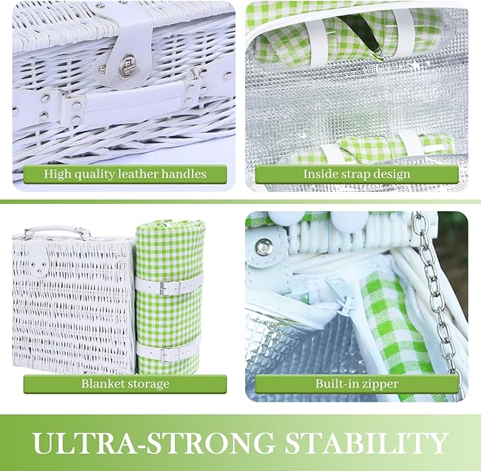 Neti Neti Wicker Picnic Basket for 4 with Insulated Cooler & Waterproof Blanket - Handwoven Luxury Outdoor Set with Ceramic Plates, Perfect for Beach, Camping & Romantic Getaways