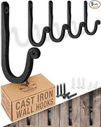 Larger Railroad Spike Cast Iron Hooks (5 Pack) Handmade Blacksmith, Wall Mounted, Farmhouse Decor Cast Iron Wall Hooks, Vintage Hooks for Hanging (Black)