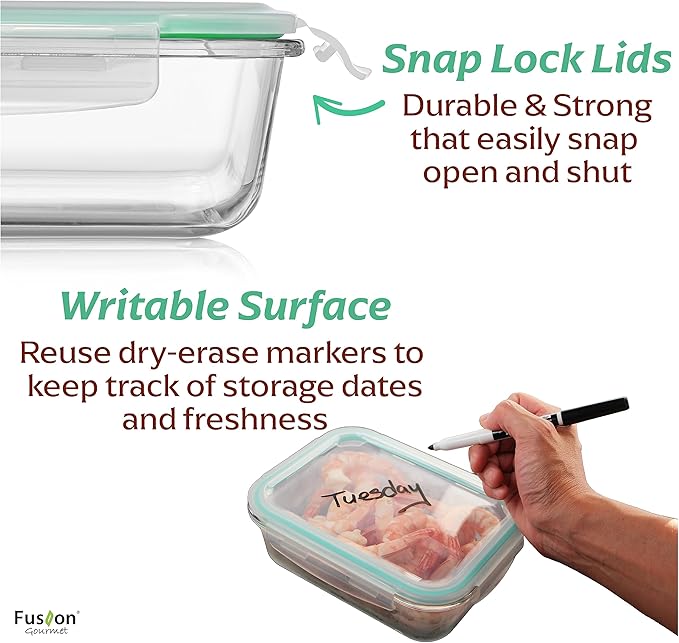 Fusion Gourmet Glass Meal Prep Containers with Lids [8 Pack, 33 oz & 4.5 oz] - 2 Compartment Divided Glass Bento Boxes for Adults, Oven Safe & Airtight