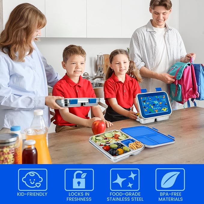MaMix Stainless Steel Kids Lunch Box, 3 Compartments Leak-Proof Bento Box for Kids for Sandwich, Lunch Containers Freezer Safe (Blue)