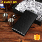 Flask For Men,350ml/12oz Hip Flask, 304 Food Grade Stainless Steel,2 Cups And Funnel Portable Gift Bbox For Whiskey Rum Groomsman Best Man Usher Wedding-Leather Rhomboid Stripe Black