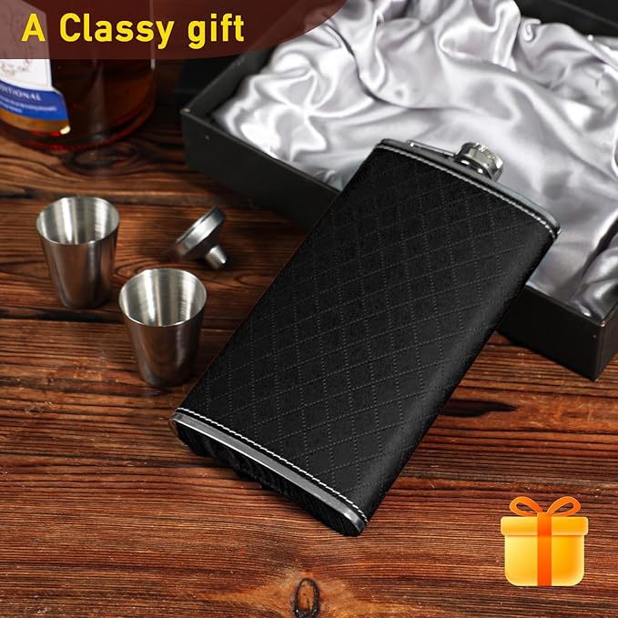 Flask For Men,350ml/12oz Hip Flask, 304 Food Grade Stainless Steel,2 Cups And Funnel Portable Gift Bbox For Whiskey Rum Groomsman Best Man Usher Wedding-Leather Rhomboid Stripe Black