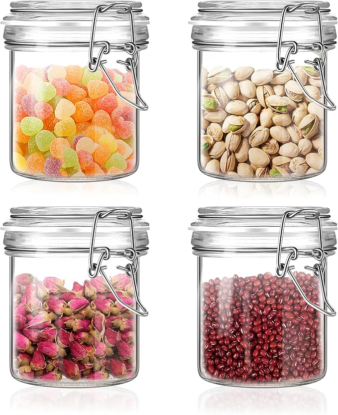 Glass Food Storage Jars with Airtight Lids 10 oz Cylinder 4 Pack Kitchen Storage Containers Small Cabinet Canisters Sealed Pot Canning for Pasta, Cereal, Coffee, Beans, Spice