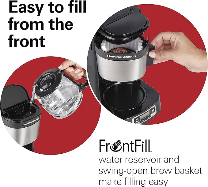 Hamilton Beach 5 Cup Drip Coffee Maker with Easy FrontFill Basket, Compact Design, Programmable Clock, Glass Carafe, Auto Pause and Pour, Black & Stainless Steel (46111)