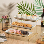 Gomakren 3 Tier Serving Stand with Porcelain Serving Platter Tray - Collapsible Gold Stand with 3 Piece Large14 Inch White Plates for Food Presentation Dessert Server Display and Entertaining