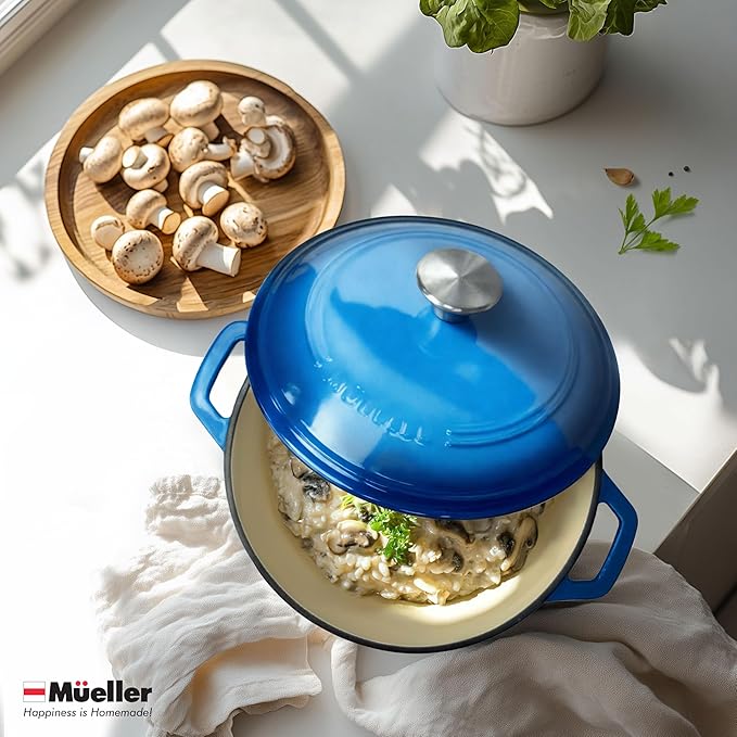 MÜELLERHOME 7.5 QT Enameled Cast Iron Dutch Oven, Heavy-Duty Casserole Dish and Braiser Pan with Lid and Stainless Knob, Oven-Safe up to 500° F & Across All Cooktops, Aqua Blue