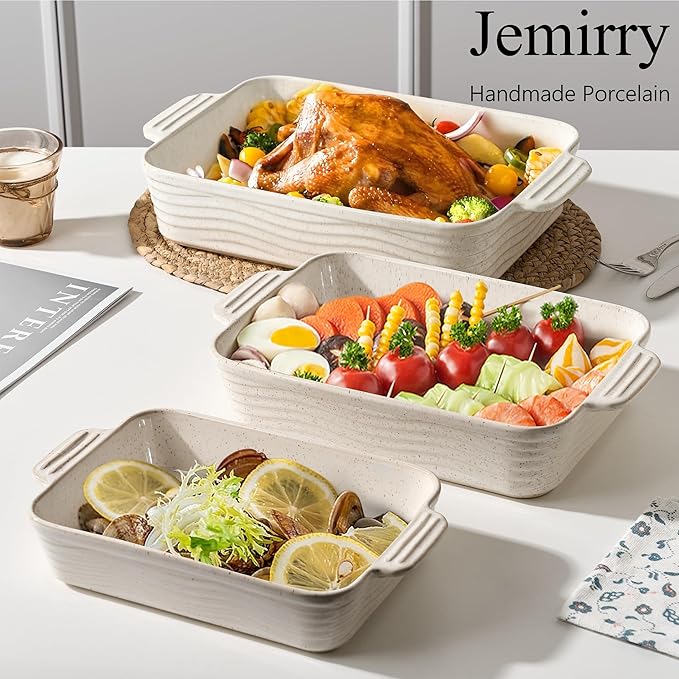 Ceramic Baking Dish Set of 3, Casserole Dishes for Oven, Square Porcelain Bakeware Set with Handles, Lasagna Baking Pan for Cooking, Perfect for Baking and Serving, Housewarming, Halloween, Thanksgiving, Christmas, New Year-Reactive White