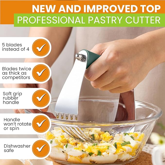 Spring Chef Large Dough Blender For Baking, Manual Dough Cutter Tool, Stainless Steel Puff Pastry Cutter Tool with Sharp Blades, Dishwasher Safe Pastry Blender for Easy Mixing - Pine Green